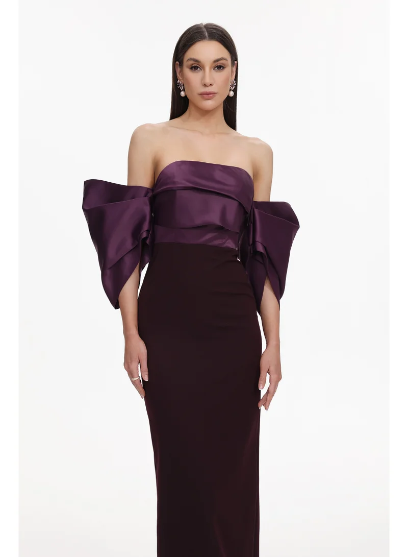 Bella Barnett  Sareka Elegant Tailored Off Shoulder Pleated Satin Maxi Dress for Women | Best Price UAE
